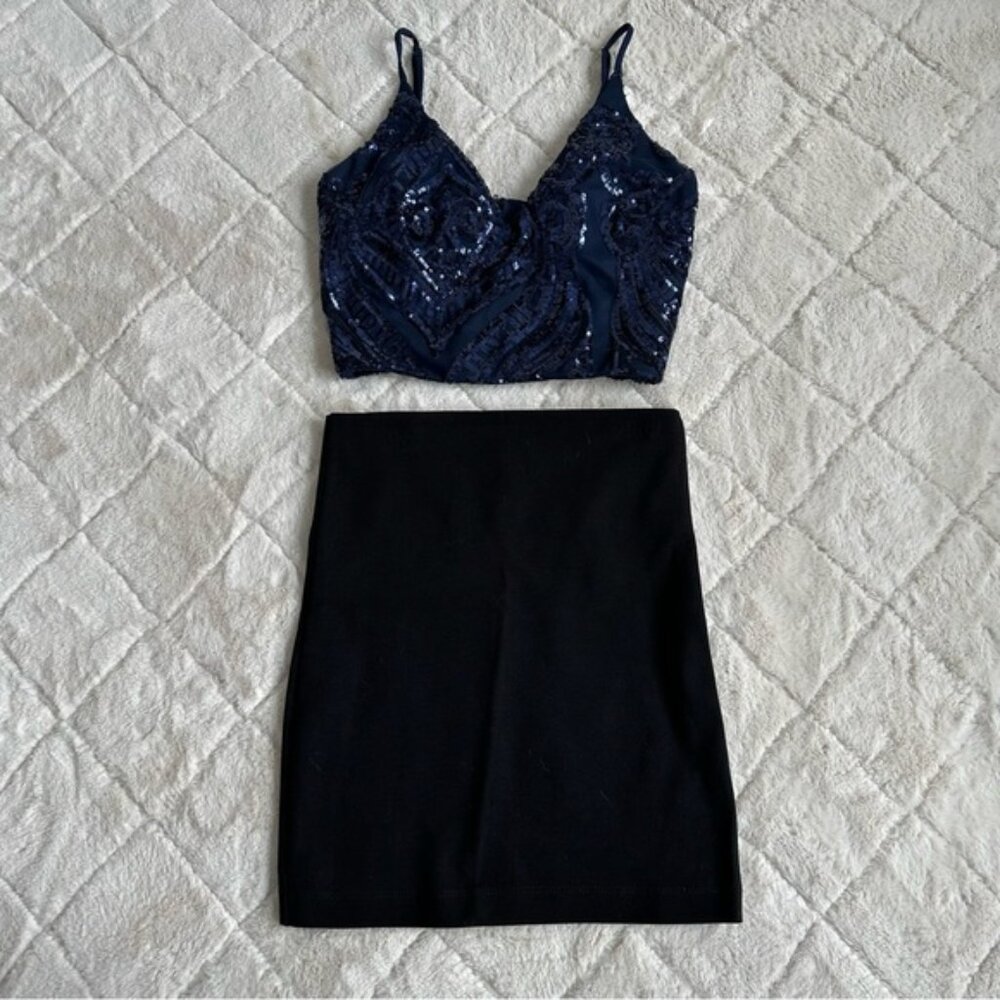 Windsor | Blue Sequin Abyss Crop Tank Top & Skirt | Size Small & Extra Small